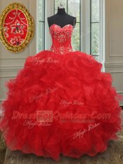 Sleeveless Organza Floor Length Lace Up Sweet 16 Dresses in Red with Beading and Ruffles