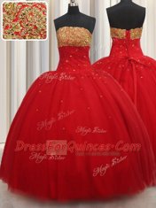 Strapless Sleeveless Tulle Ball Gown Prom Dress Beading Lace Up
