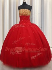 Strapless Sleeveless Tulle Ball Gown Prom Dress Beading Lace Up