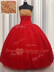 Strapless Sleeveless Tulle Ball Gown Prom Dress Beading Lace Up