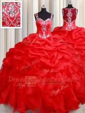 Straps Red Organza Zipper Ball Gown Prom Dress Sleeveless Floor Length Beading and Ruffles