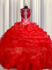 Straps Red Organza Zipper Ball Gown Prom Dress Sleeveless Floor Length Beading and Ruffles