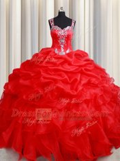 Straps Red Organza Zipper Ball Gown Prom Dress Sleeveless Floor Length Beading and Ruffles