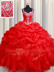 Straps Red Organza Zipper Ball Gown Prom Dress Sleeveless Floor Length Beading and Ruffles