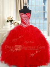 On Sale Ruffled Ball Gowns Quinceanera Gowns Red Sweetheart Tulle Sleeveless Floor Length Lace Up
