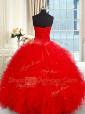 On Sale Ruffled Ball Gowns Quinceanera Gowns Red Sweetheart Tulle Sleeveless Floor Length Lace Up