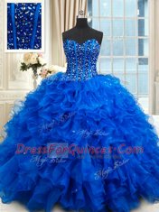 Most Popular Royal Blue Organza Lace Up Quince Ball Gowns Sleeveless Floor Length Beading and Ruffles