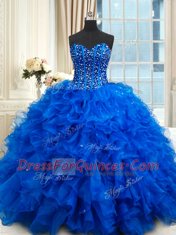 Most Popular Royal Blue Organza Lace Up Quince Ball Gowns Sleeveless Floor Length Beading and Ruffles