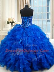 Most Popular Royal Blue Organza Lace Up Quince Ball Gowns Sleeveless Floor Length Beading and Ruffles