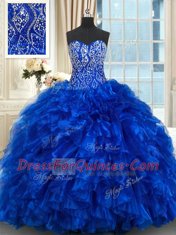 With Train Royal Blue Quince Ball Gowns Sweetheart Sleeveless Brush Train Lace Up