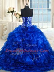 With Train Royal Blue Quince Ball Gowns Sweetheart Sleeveless Brush Train Lace Up