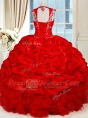 Delicate Pick Ups Sweetheart Cap Sleeves Backless Vestidos de Quinceanera Red Organza and Taffeta