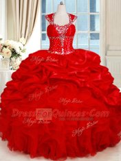 Delicate Pick Ups Sweetheart Cap Sleeves Backless Vestidos de Quinceanera Red Organza and Taffeta