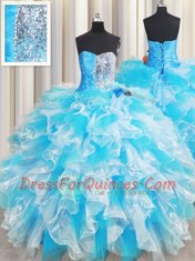 Dramatic Blue And White Sweetheart Lace Up Ruffles and Sequins Quinceanera Dresses Sleeveless