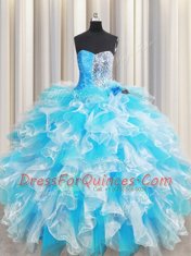 Dramatic Blue And White Sweetheart Lace Up Ruffles and Sequins Quinceanera Dresses Sleeveless