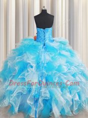 Dramatic Blue And White Sweetheart Lace Up Ruffles and Sequins Quinceanera Dresses Sleeveless