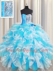 Dramatic Blue And White Sweetheart Lace Up Ruffles and Sequins Quinceanera Dresses Sleeveless