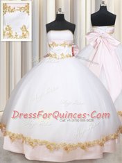 Captivating White Quinceanera Gown Military Ball and Sweet 16 and Quinceanera and For with Beading and Appliques and Bowknot Strapless Sleeveless Lace Up