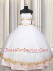 Captivating White Quinceanera Gown Military Ball and Sweet 16 and Quinceanera and For with Beading and Appliques and Bowknot Strapless Sleeveless Lace Up