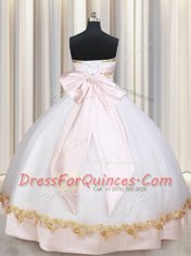 Captivating White Quinceanera Gown Military Ball and Sweet 16 and Quinceanera and For with Beading and Appliques and Bowknot Strapless Sleeveless Lace Up