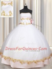 Captivating White Quinceanera Gown Military Ball and Sweet 16 and Quinceanera and For with Beading and Appliques and Bowknot Strapless Sleeveless Lace Up