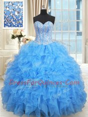 Fabulous Baby Blue Ball Gowns Sweetheart Sleeveless Satin and Organza Floor Length Lace Up Beading and Ruffles and Ruffled Layers Quinceanera Dress