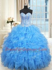Fabulous Baby Blue Ball Gowns Sweetheart Sleeveless Satin and Organza Floor Length Lace Up Beading and Ruffles and Ruffled Layers Quinceanera Dress
