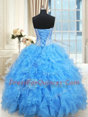Fabulous Baby Blue Ball Gowns Sweetheart Sleeveless Satin and Organza Floor Length Lace Up Beading and Ruffles and Ruffled Layers Quinceanera Dress