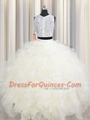 Flirting Scoop Sleeveless Organza Vestidos de Quinceanera Beading and Ruffles Lace Up