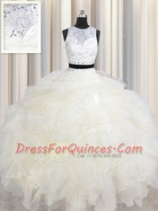Flirting Scoop Sleeveless Organza Vestidos de Quinceanera Beading and Ruffles Lace Up