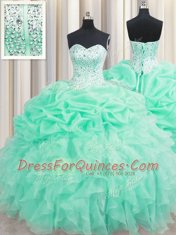 Great Apple Green Organza Lace Up Sweet 16 Quinceanera Dress Sleeveless Floor Length Beading and Ruffles and Pick Ups