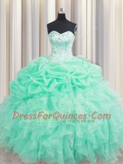 Great Apple Green Organza Lace Up Sweet 16 Quinceanera Dress Sleeveless Floor Length Beading and Ruffles and Pick Ups