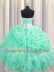 Great Apple Green Organza Lace Up Sweet 16 Quinceanera Dress Sleeveless Floor Length Beading and Ruffles and Pick Ups