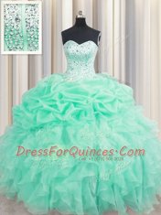 Great Apple Green Organza Lace Up Sweet 16 Quinceanera Dress Sleeveless Floor Length Beading and Ruffles and Pick Ups