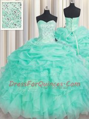 Apple Green Ball Gowns Beading and Ruffles and Pick Ups 15 Quinceanera Dress Lace Up Organza Sleeveless Floor Length