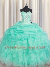 Apple Green Ball Gowns Beading and Ruffles and Pick Ups 15 Quinceanera Dress Lace Up Organza Sleeveless Floor Length