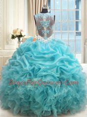 Dramatic Scoop Sleeveless Zipper Floor Length Appliques and Ruffles and Pick Ups Ball Gown Prom Dress
