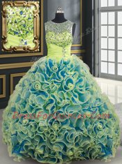Scoop See Through Fabric with Rolling Flowers Yellow Green Lace Up Quinceanera Gowns Beading and Sequins Sleeveless Brush Train
