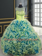 Scoop See Through Fabric with Rolling Flowers Yellow Green Lace Up Quinceanera Gowns Beading and Sequins Sleeveless Brush Train