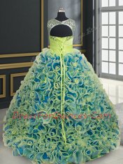 Scoop See Through Fabric with Rolling Flowers Yellow Green Lace Up Quinceanera Gowns Beading and Sequins Sleeveless Brush Train