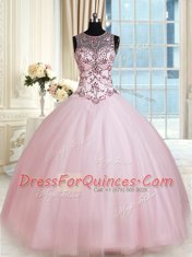 Scoop Baby Pink Lace Up Quinceanera Gown Beading Sleeveless Floor Length