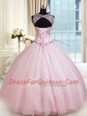 Scoop Baby Pink Lace Up Quinceanera Gown Beading Sleeveless Floor Length