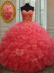 Floor Length Lace Up Sweet 16 Dresses Coral Red for Military Ball and Sweet 16 and Quinceanera with Beading and Ruffles