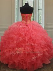 Floor Length Lace Up Sweet 16 Dresses Coral Red for Military Ball and Sweet 16 and Quinceanera with Beading and Ruffles