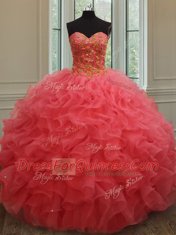 Floor Length Lace Up Sweet 16 Dresses Coral Red for Military Ball and Sweet 16 and Quinceanera with Beading and Ruffles