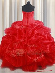 Chic Red Strapless Neckline Beading and Pick Ups Quinceanera Gowns Sleeveless Lace Up