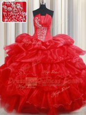 Chic Red Strapless Neckline Beading and Pick Ups Quinceanera Gowns Sleeveless Lace Up