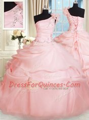Latest One Shoulder Pink Sleeveless Organza Lace Up Sweet 16 Quinceanera Dress for Military Ball and Sweet 16 and Quinceanera