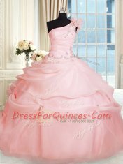 Latest One Shoulder Pink Sleeveless Organza Lace Up Sweet 16 Quinceanera Dress for Military Ball and Sweet 16 and Quinceanera