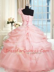 Latest One Shoulder Pink Sleeveless Organza Lace Up Sweet 16 Quinceanera Dress for Military Ball and Sweet 16 and Quinceanera